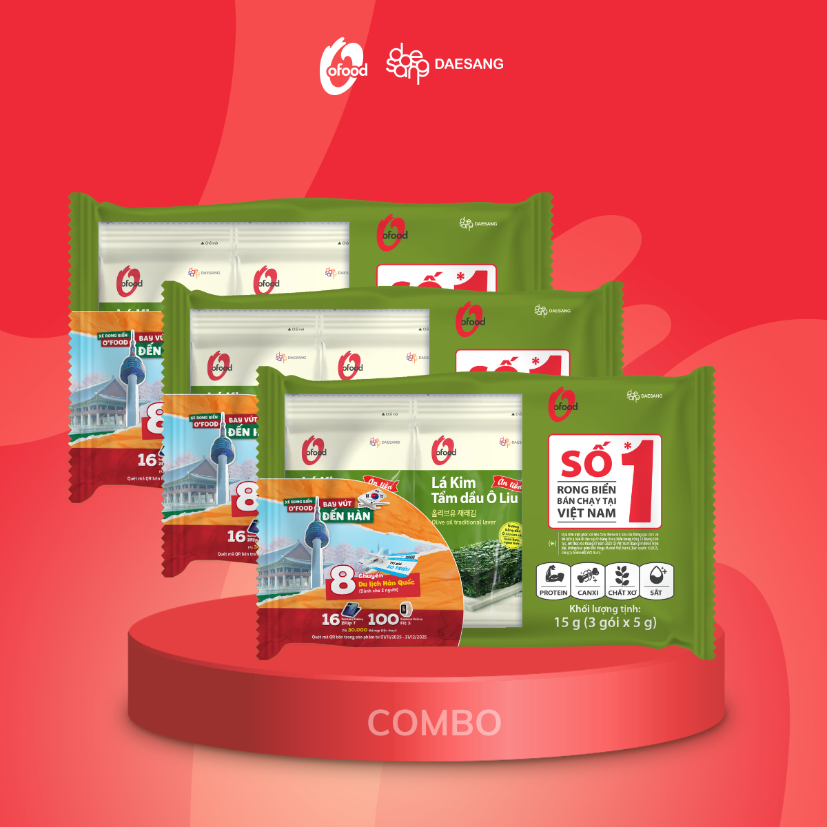 COMBO 2 lốc tặng 1 lốc Rong biển/ Lá kim tẩm dầu Oliu O'Food lốc 3 (5 g x 3 gói) ăn liền giòn, thơm, gia vị vừa miệng