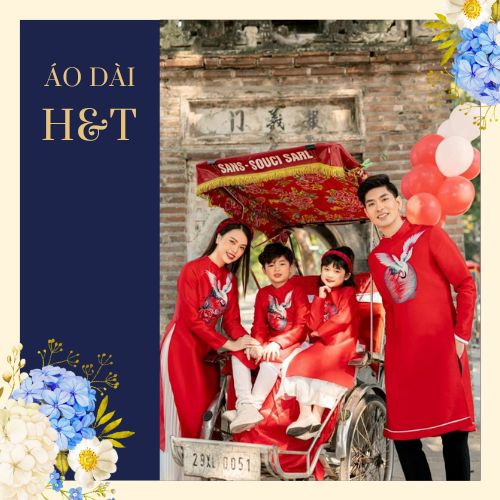 Áo dài gia đình cách tân thêu hạc màu đỏ