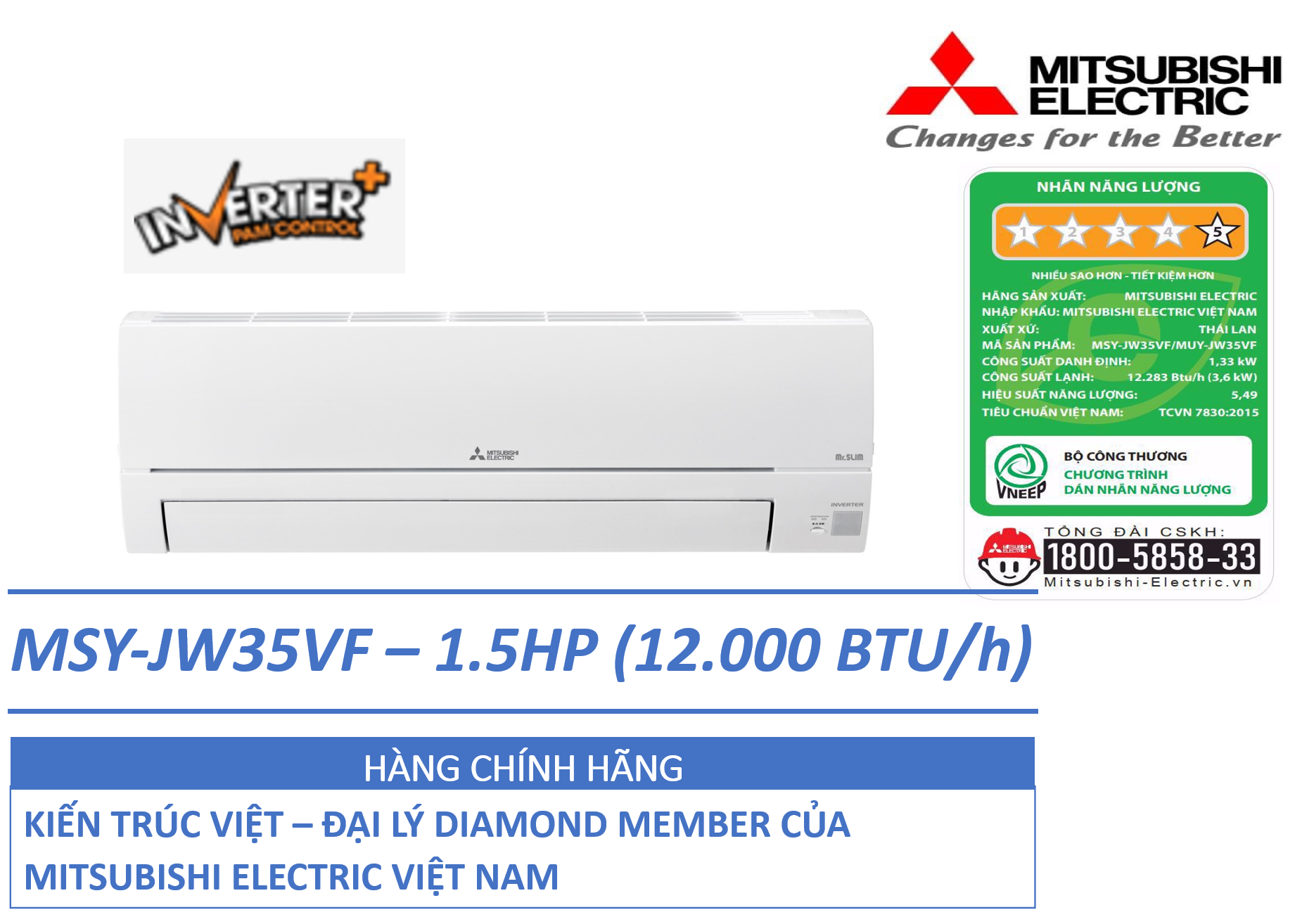 ĐIỀU HÒA KHÔNG KHÍ (MÁY LẠNH) MITSUBISHI ELECTRIC MSY-JW35VF - 1.5HP (12,000 BTU/H) - INVERTER - HÀN