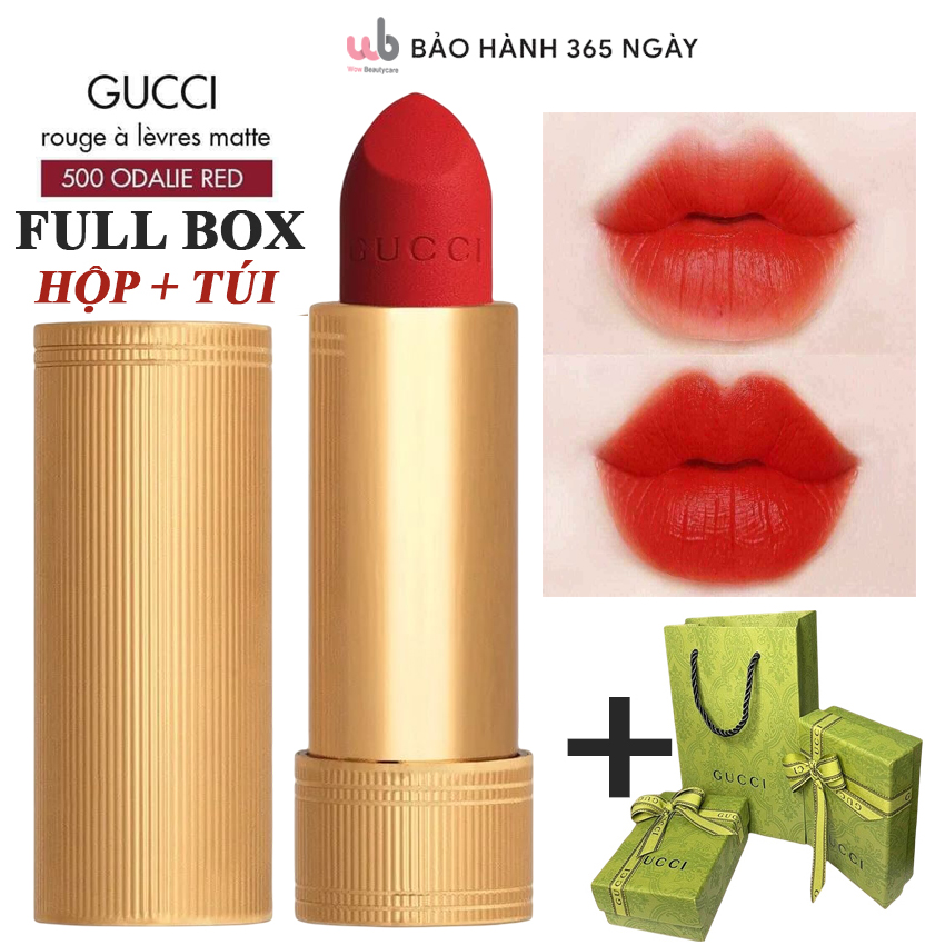 Son lì gucci rouge màu 500 odalie red đỏ cam siêu xinh vỏ vàng,sang chảnh,tặng kèm 1 túi gấu.