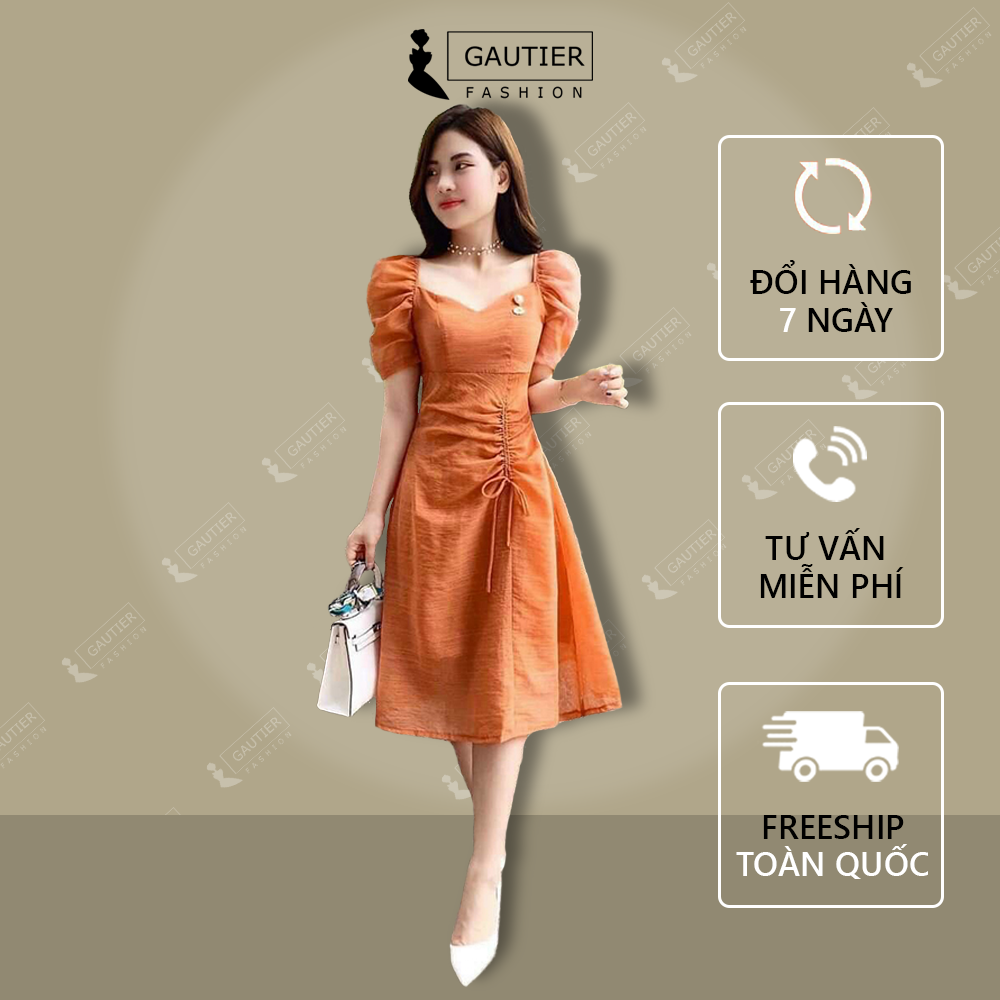 Đầm Váy Xòe Dự Tiệc Công Sở Thời Trang Gautier, Chất Liệu Đũi, Thiết Kế Tay Phồng Rút Dây Nhún Eo, Size Từ 42 - 52kg