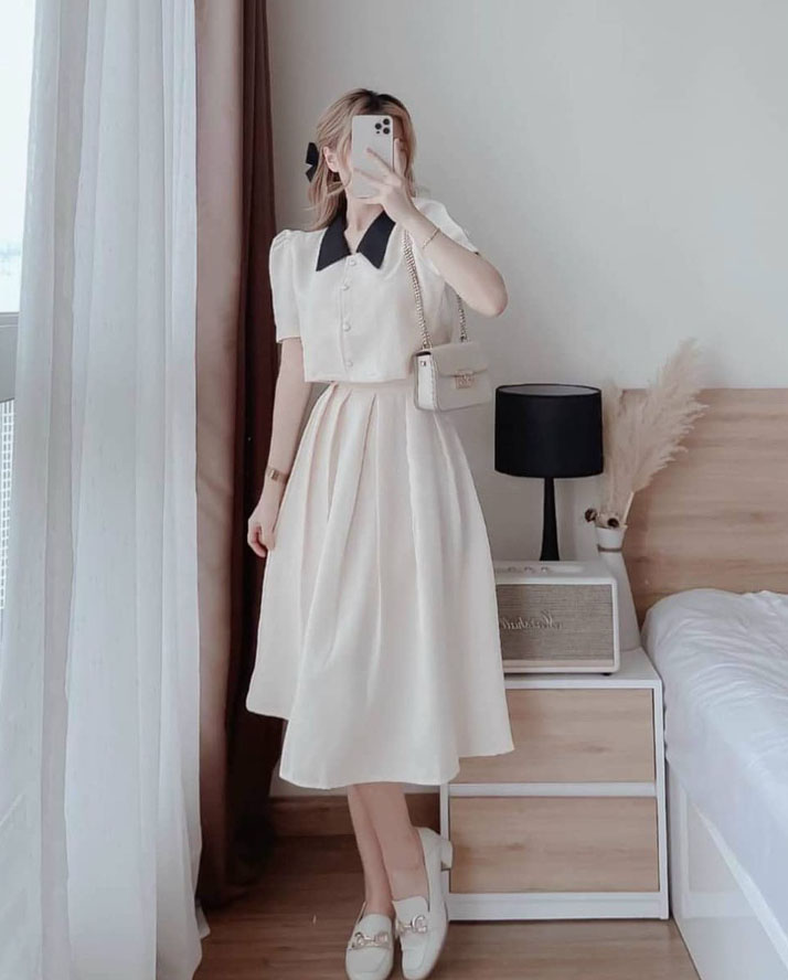 [Mẫu Mới]Set nữ kiểu dáng sang chảnh tinh tế thiết kế cổ sơ mi chất liệu xốp nhật thời trang HARI