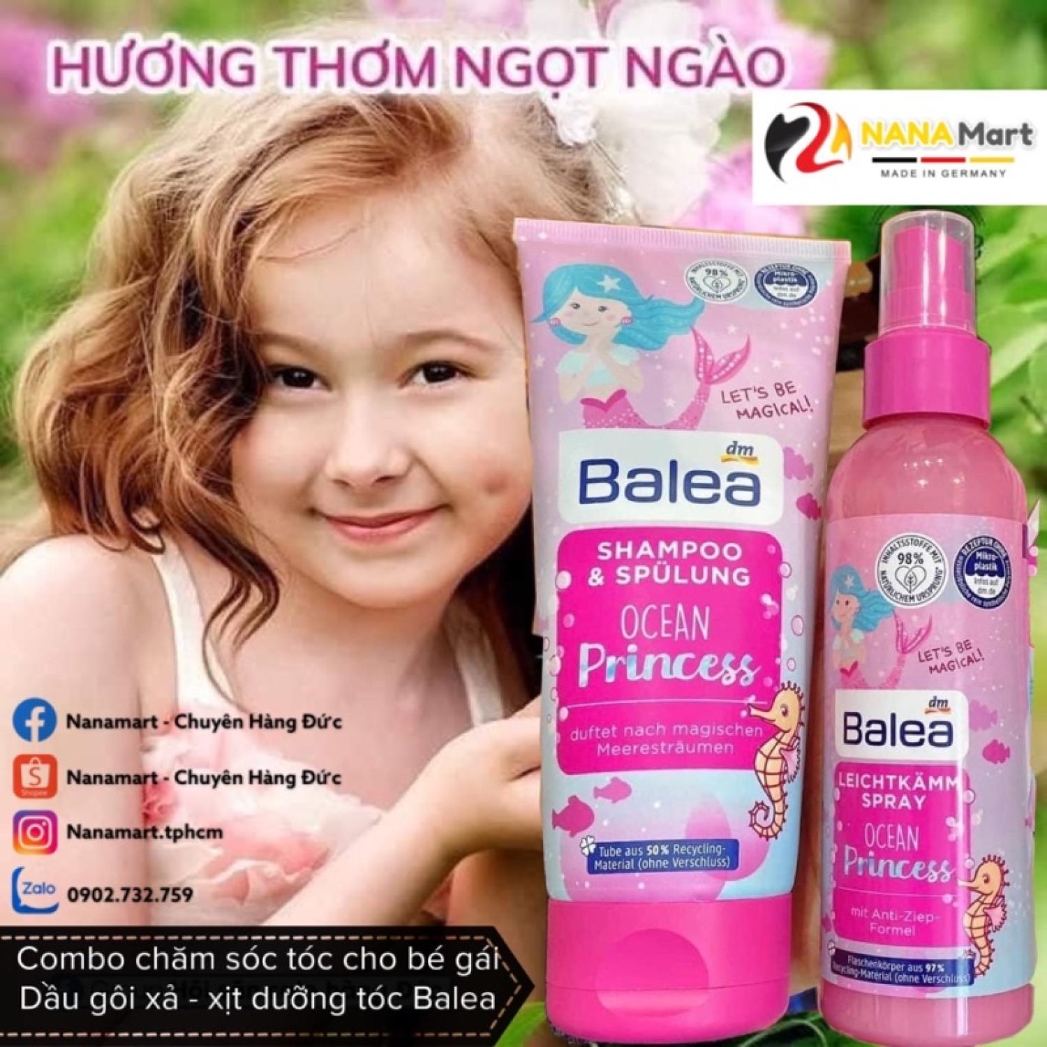 Dầu gội xả Balea, xịt dưỡng tóc Balea Ocean Princess cho bé gái
