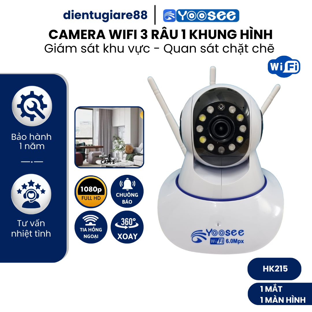 Camera IP WIFI YOOSEEE Không Dây Không Cổng LAN , 3 Râu Bắt Sóng Cực Mạnh, Đàm Thoại 2 Chiều, Khe Gắn Thẻ Nhớ Trên Đầu - Bảo Hành 12 Tháng