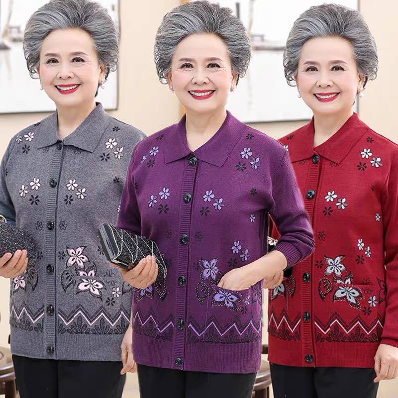 Áo khoác trung niên nữ, áo len nữ có túi cho người già cao tuổi, áo len bà già
