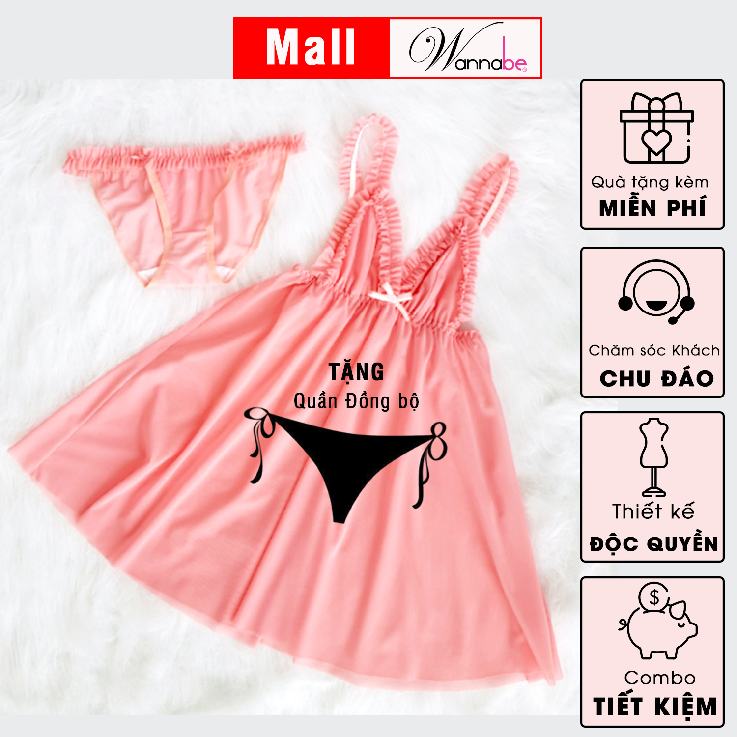 Đầm ngủ sexy WANNABE DNC07 váy ngủ lưới trong suốt xuyên thấu 2 dây vai nhúng bèo nữ tính, gợi cảm