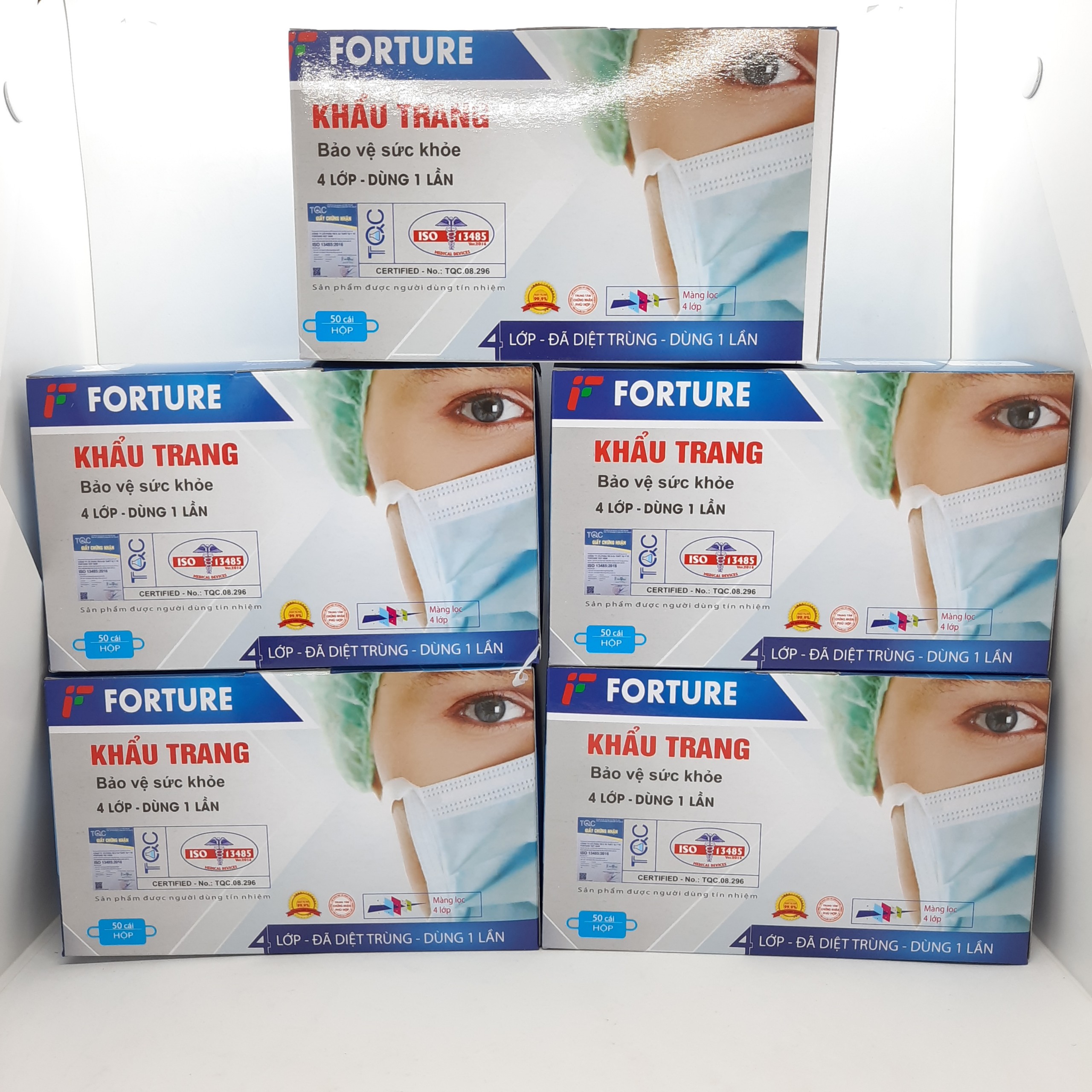 [COMBO 5 HỘP] Khẩu trang y tế 4 lớp hộp 50 cái màu xanh FORTURE, Khẩu trang vải không dệt ngăn Virut khói bụi, Dùng 1 lần