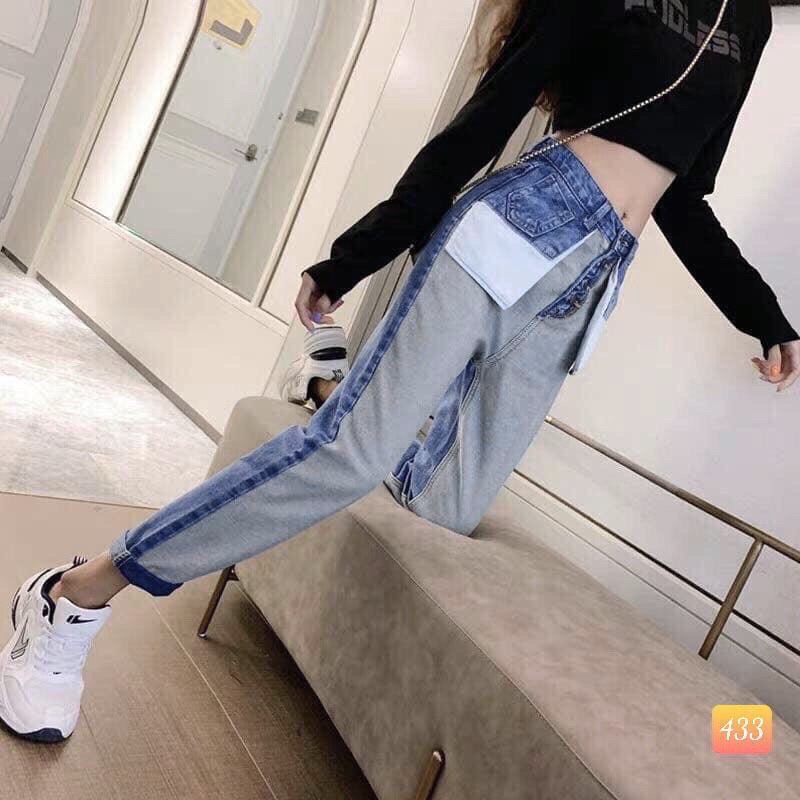 Quần baggy jean nữ phối màu chất vải dày mịn lưng siêu cao hàng cao cấp bg13