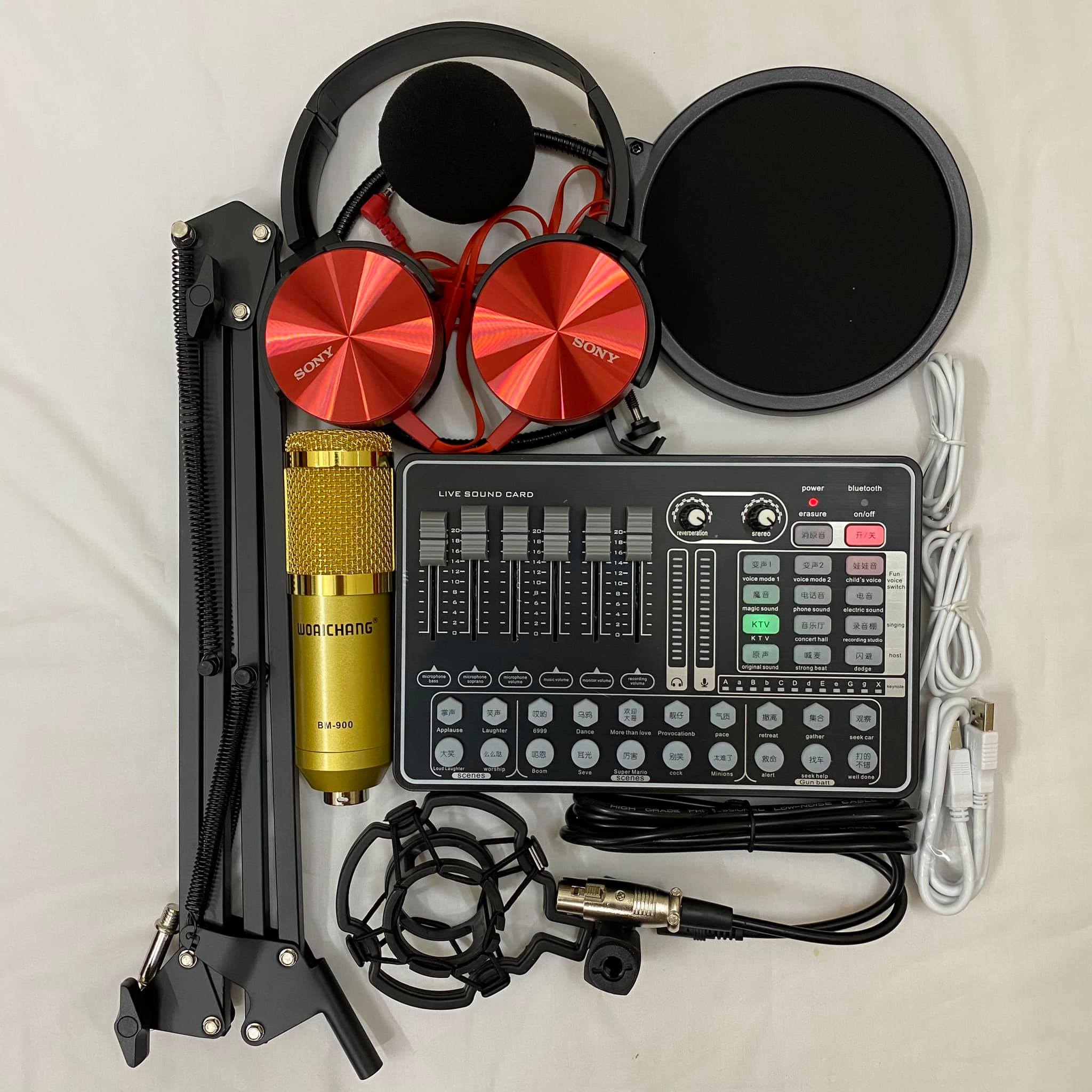 TRỌN BỘ COMBO Sound card H9 Bluetooth Auto Tune, Mic Livestream Thu Âm Woaichang BM900 , Tặng Ngay 1 Tai Nghe Sony XB450 có Hiệu ứng âm thanh khán giả, tương thích với nhiều thiết bị âm thanh