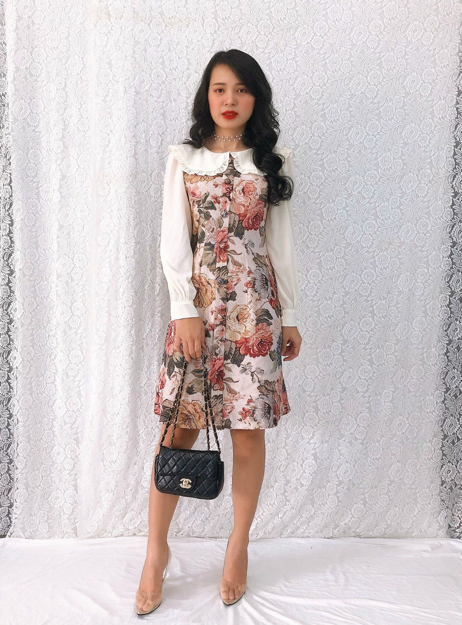 Đầm xòe hoa dự tiệc tay dài misa fashion cực sang trọng, tôn dáng ms176- hình thật shop tự chụp