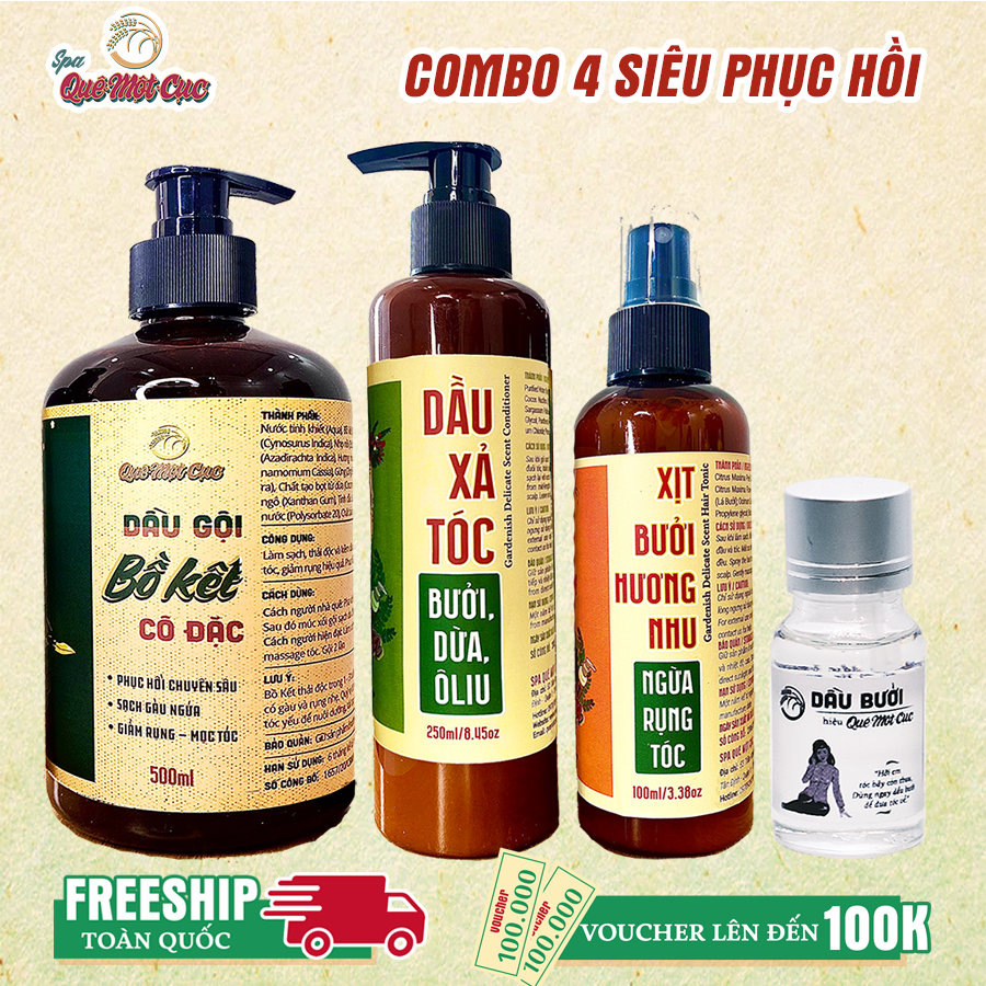 [HCM]Bộ dầu gội dầu xả xịt dưỡng tóc tinh dầu bưởi 4 món giảm rụng phục hồi tái tạo tóc hư tổn mọi cấp độ QUÊ MỘT CỤC minisize (đen - trắng - trong)