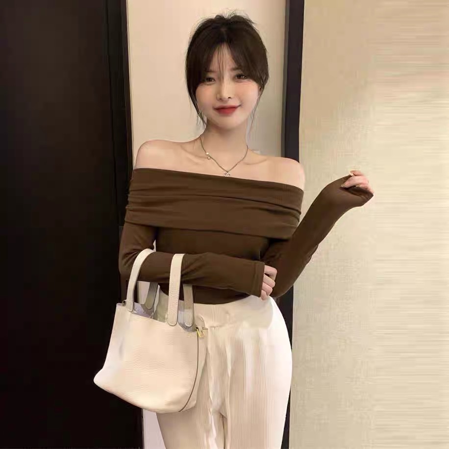 Áo len tăm trễ vai nữ chất cotton tăm ôm dáng