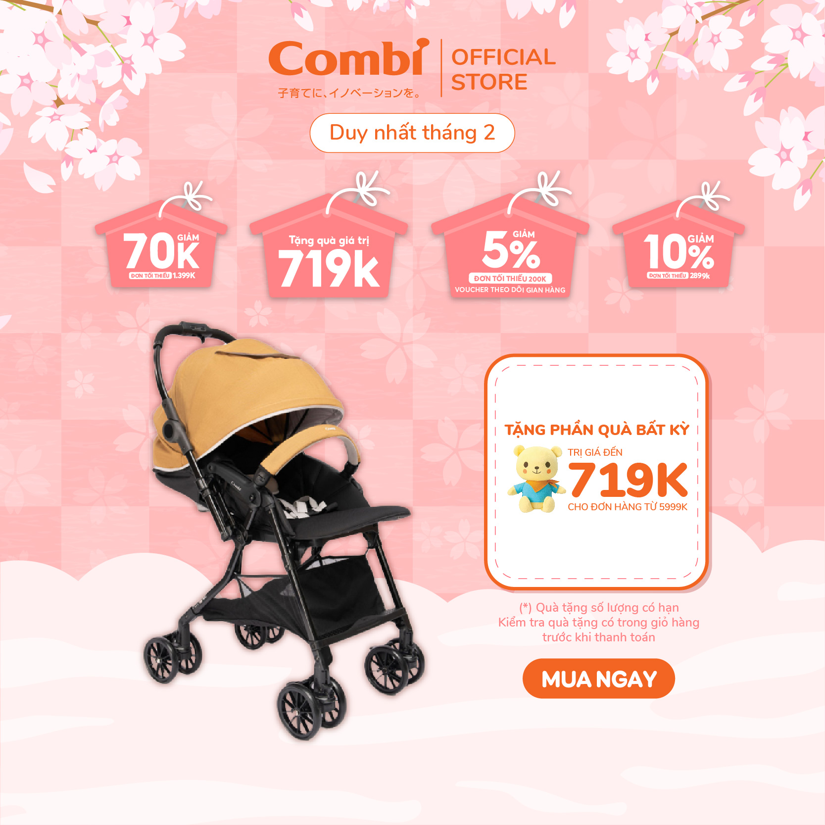 Xe đẩy COMBI Handy 4Cas Compact - Đảo chiều tay cầm - Màu Vàng