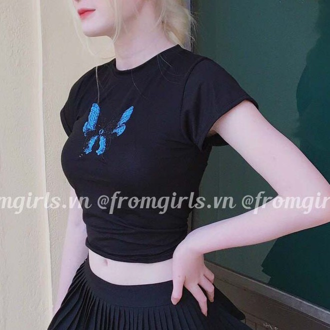 Áo croptop thêu b.ướm sexy, áo thun croptop butter fly quyến rũ
