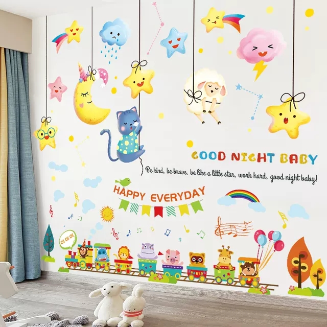 Decal dán tường trang trí trẻ em: Combo đoàn tàu động vật và trăng sao ngủ ngon