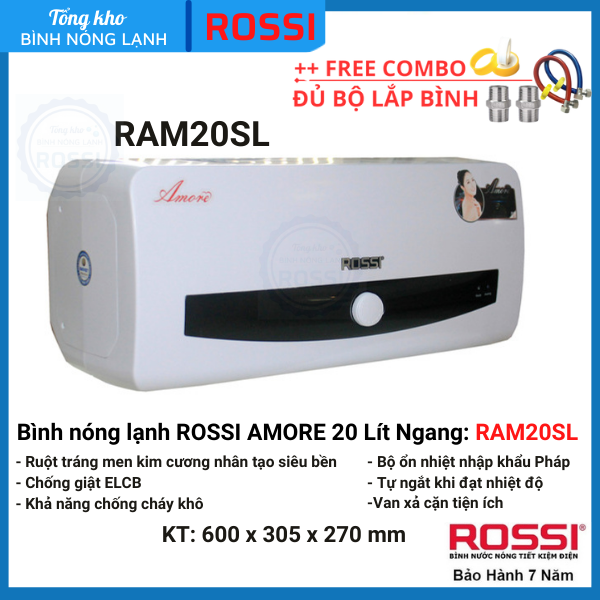 Bình nóng lạnh gián tiếp Rossi Amore 20 Lít Ngang, RA20SL- Bảo hành 7 năm, hàng chính hãng Tân Á Đại Thành