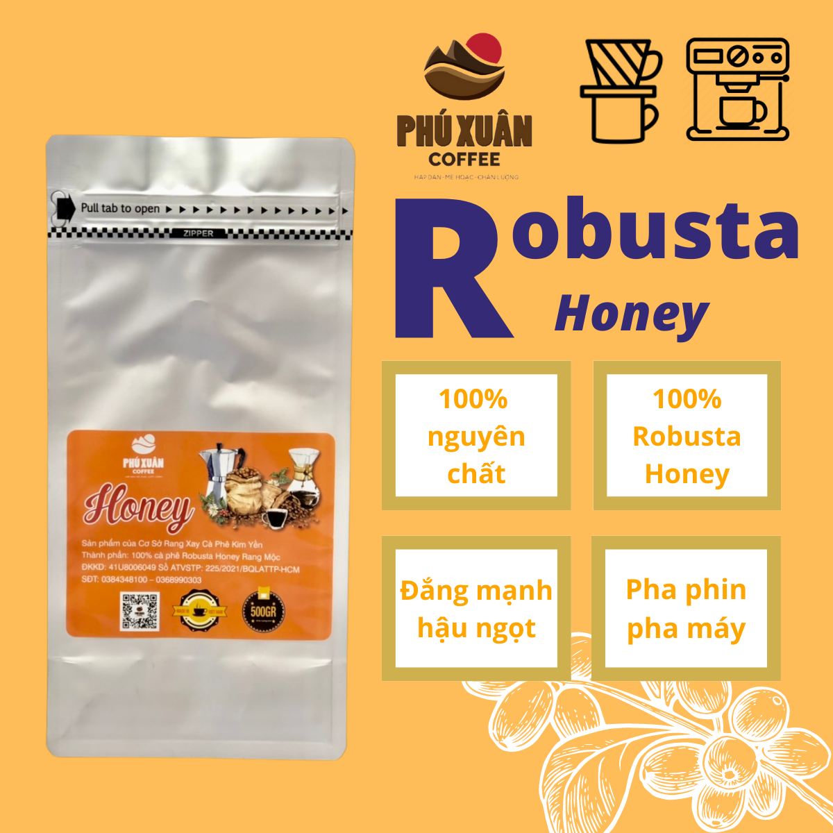 Cà phê rang xay nguyên chất Robusta Honey Phú Xuân Coffee gói 500gr cafe dạng hạt dạng bột chất lượng cao rang xay dùng pha phin pha máy