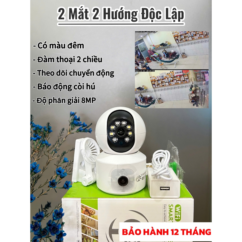 Camera Yoosee Trong Nhà 2 Mắt 8MP,Xoay 360, Đàm Thoại 2 chiều,Báo Động Chống Trộm, Hỗ Trợ Màu Về Đêm