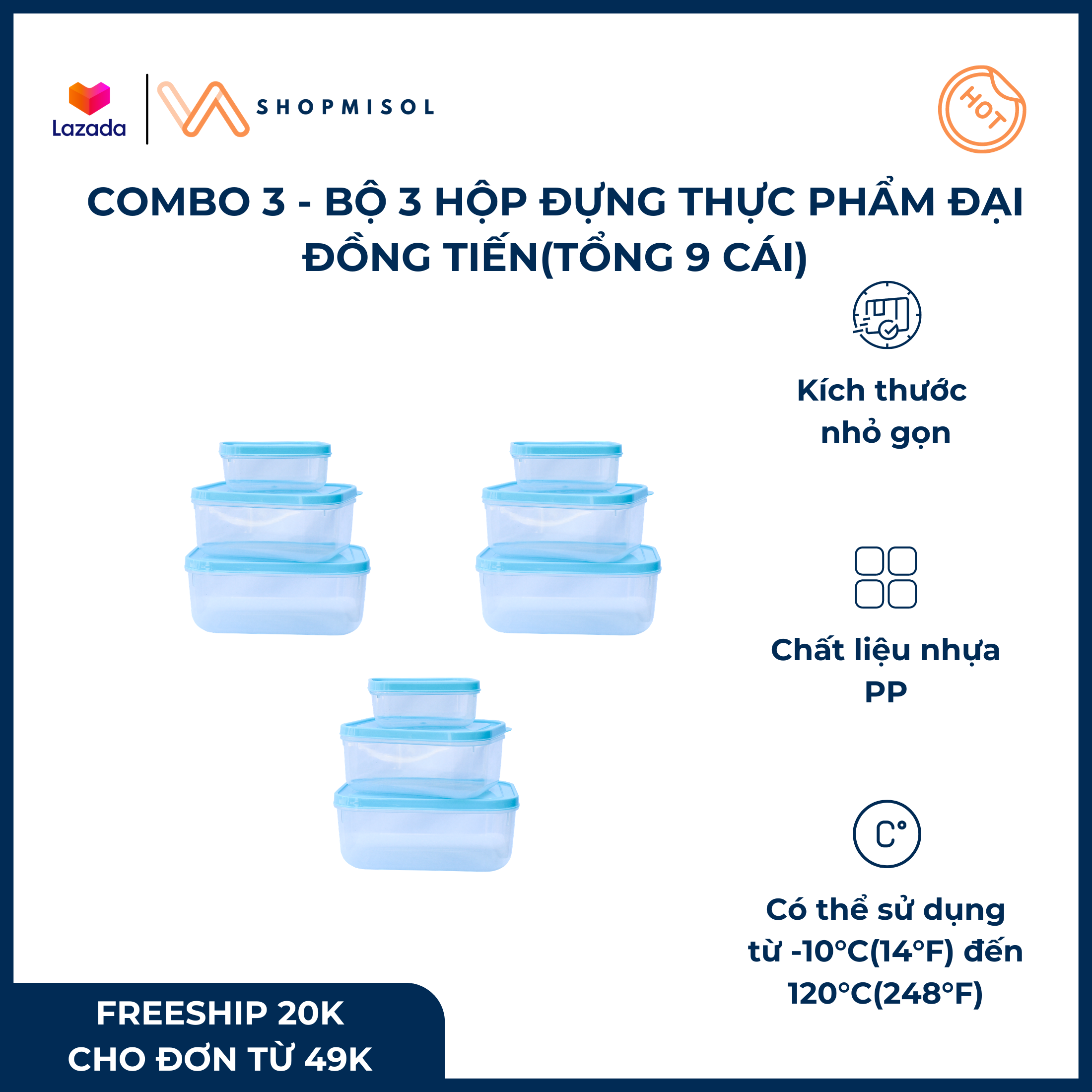 [HCM]COMBO 3 - Bộ 3 hộp đựng thực phẩm hộp đựng thức ăn hộp đựng thưc phẩm nhựa Đại Đồng Tiến - Tổng 9 cái có nắp màu xanh pastel chất liệu nhựa PP cao cấp dùng để đựng thực phẩm