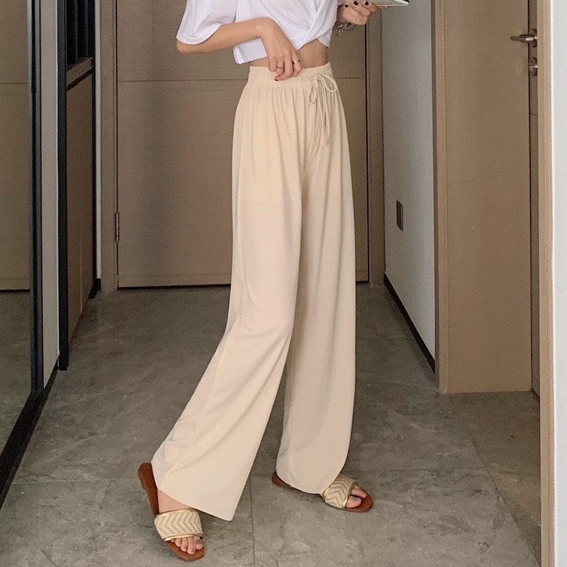 Quần ống rộng thun tăm dáng dài dây rút vải mát cạp chun kiểu Quần culottes ống suông len tăm thun gân mềm SIÊU HOT