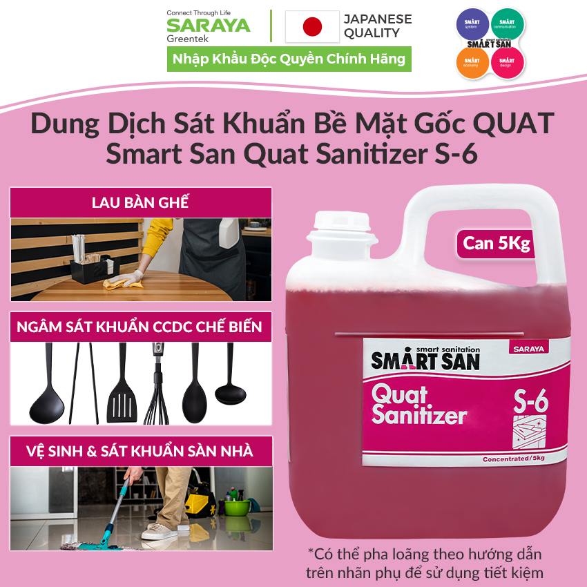 Dung dịch sát khuẩn bề mặt gốc quat saraya sanitizer s-6 - can 5kg