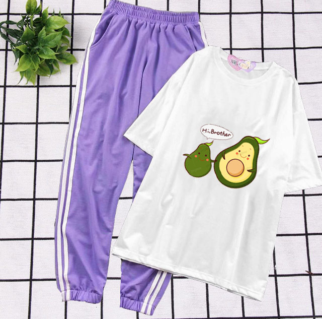 Sét Bộ Thời Trang Ulzzang Nữ Học Sinh Mùa Hè Mặc Đi Chơi, Áo Cotton In Hoạt Hình 3D Anh Em Bơ Kèm Quần Dài Thun Sọc Bo Gấu