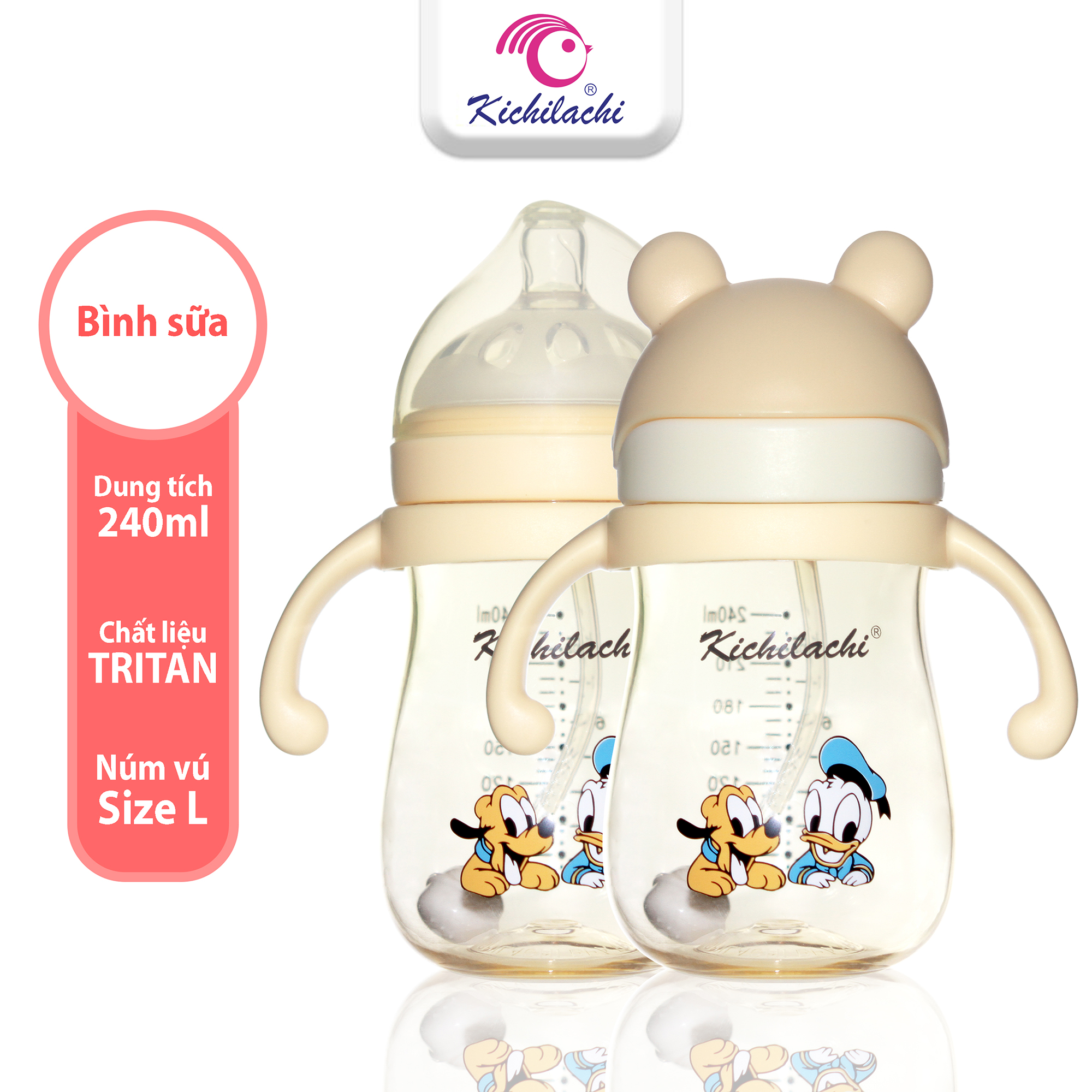 Bình tập uống nước chống sặc Kichilachi, bình nước có 2 chức năng ống hút và núm ty giúp bé tập hút nhựa Tritan 240ml
