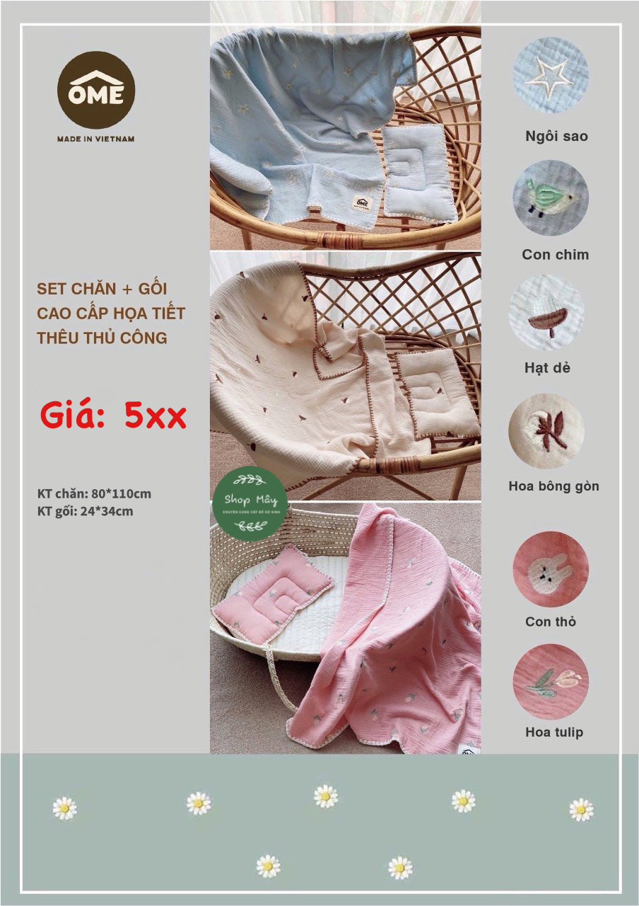 Set chăn - gối xô cao cấp họa tiết thêu tay Ôme