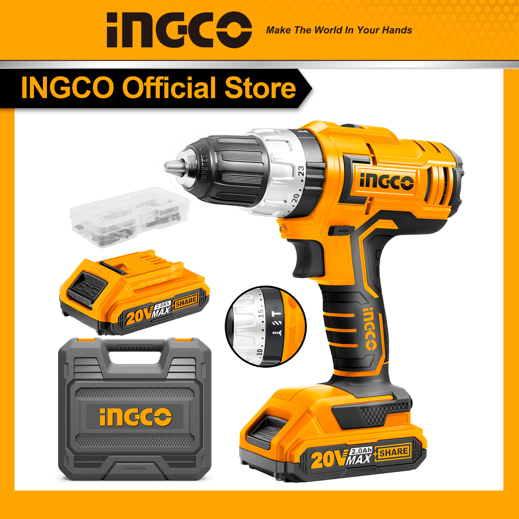 Máy khoan búa dòng P20s dùng pin Lithium-Ion 20V hiệu INGCO CIDLI20031 đi kèm 2 bộ pin, 1 bộ sạc nhanh trong vòng 1 giờ