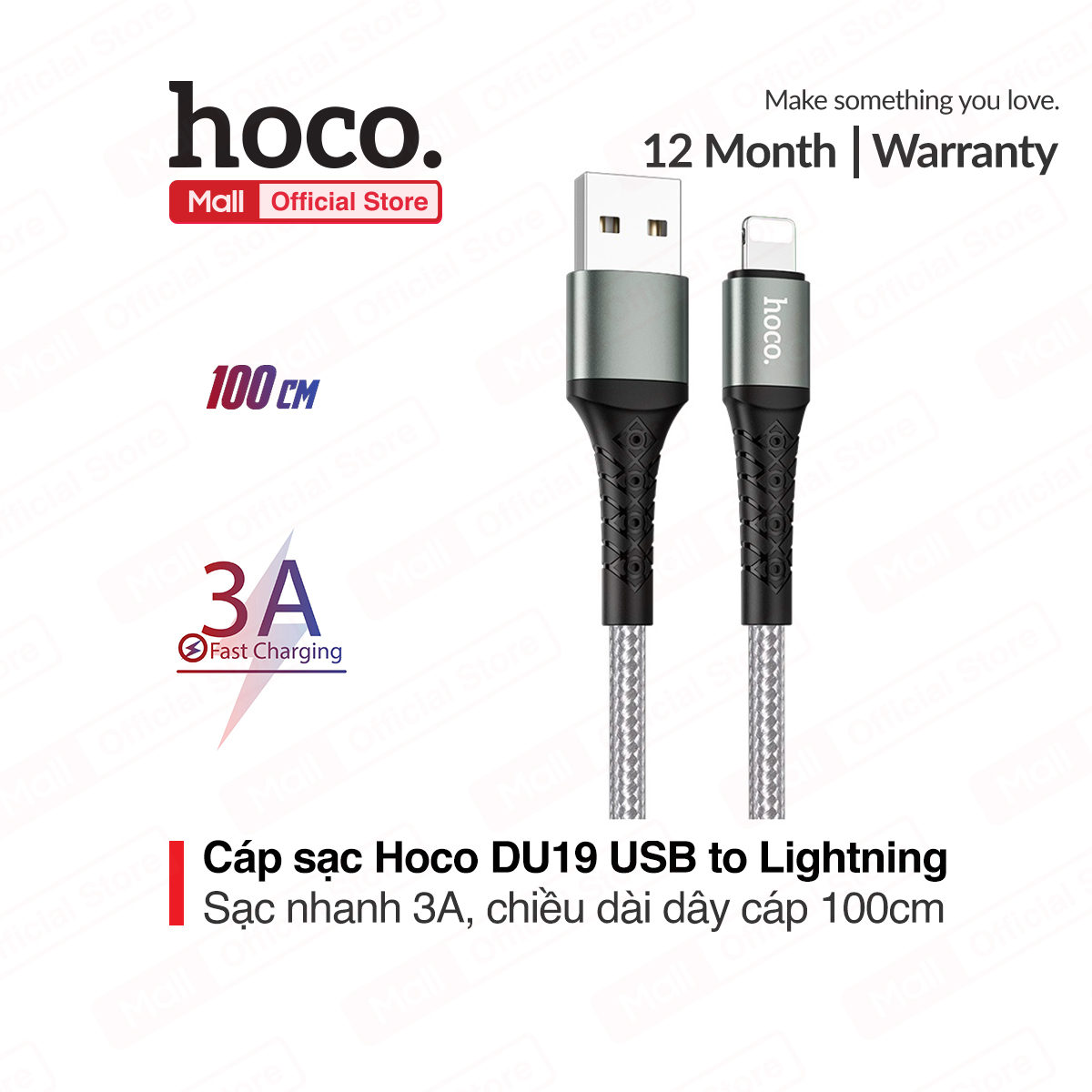 Cáp sạc Hoco DU19 USB to Lightning hỗ trợ sạc nhanh 3A dây dù chống đứt dài 100cm cho dòng iphone ipad XÁM
