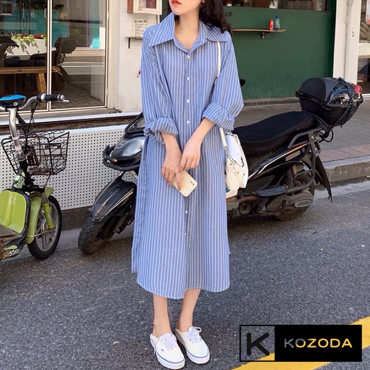 Áo sơ mi nữ dáng dài kẻ sọc phong cách Hàn Quốc KBT100 Đen
