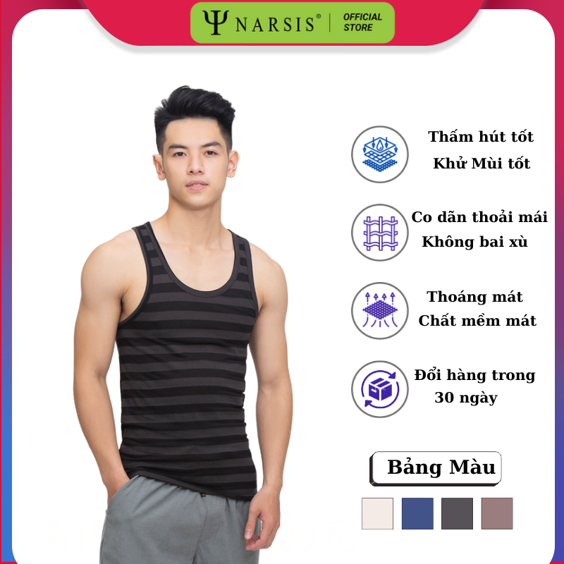 Áo ba lỗ nam Narsis màu đen ghi kẻ sọc chất cotton mềm mát co dãn 4 chiều