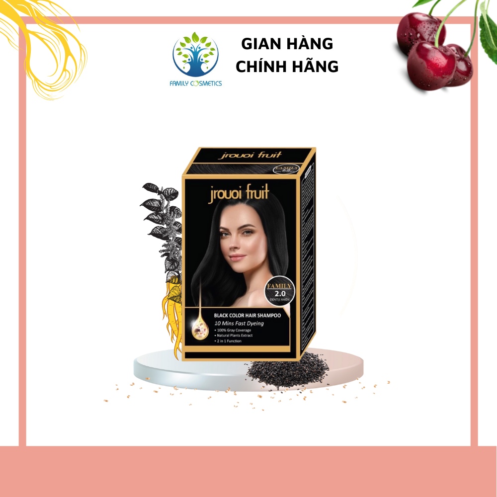 Dầu gội nhuộm phủ bạc làm đen tóc tự nhiên Jrouoi Fruit - Màu đen tự nhiên 0.2 (Hộp 8 gói)