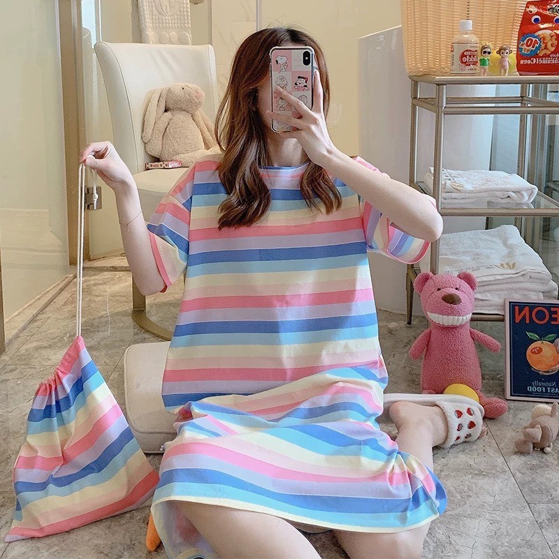 Váy ngủ cộc tay hot trend 2023 đầm ngủ dáng suông chất thun sữa mềm hoạ tiết dễ thương