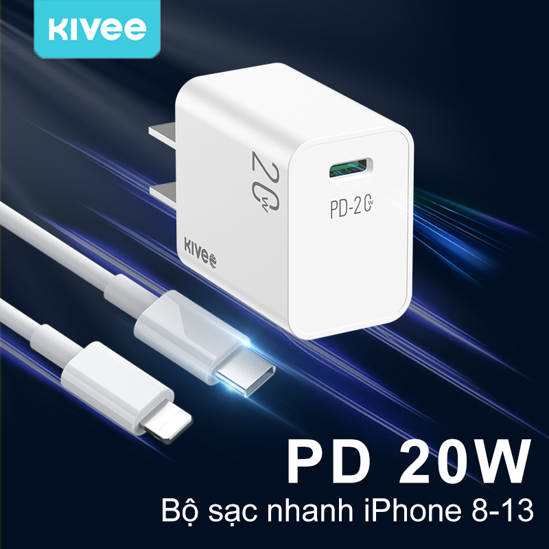 Kivee Original PD20W Bộ sạc nhanh iPhone Phù hợp với Bộ sạc du lịch đa năng Sạc nhanh Bộ sạc nhanh với cáp Type-C sang Lightning