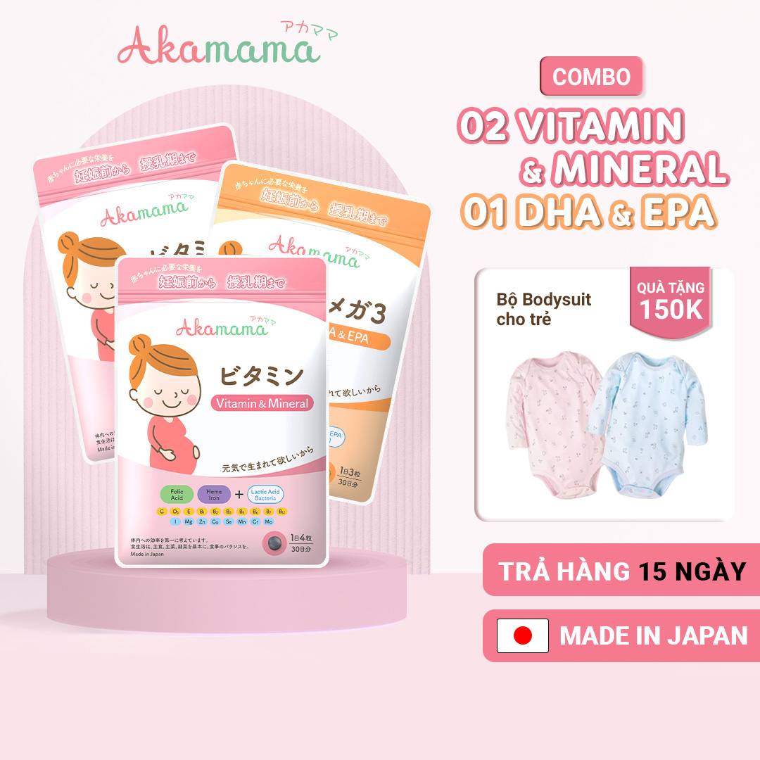 QUÀ TẶNG 150K COMBO 2 Sắt & Vitamin + 1 DHA cho bà bầu Akamama, Nhật Bản