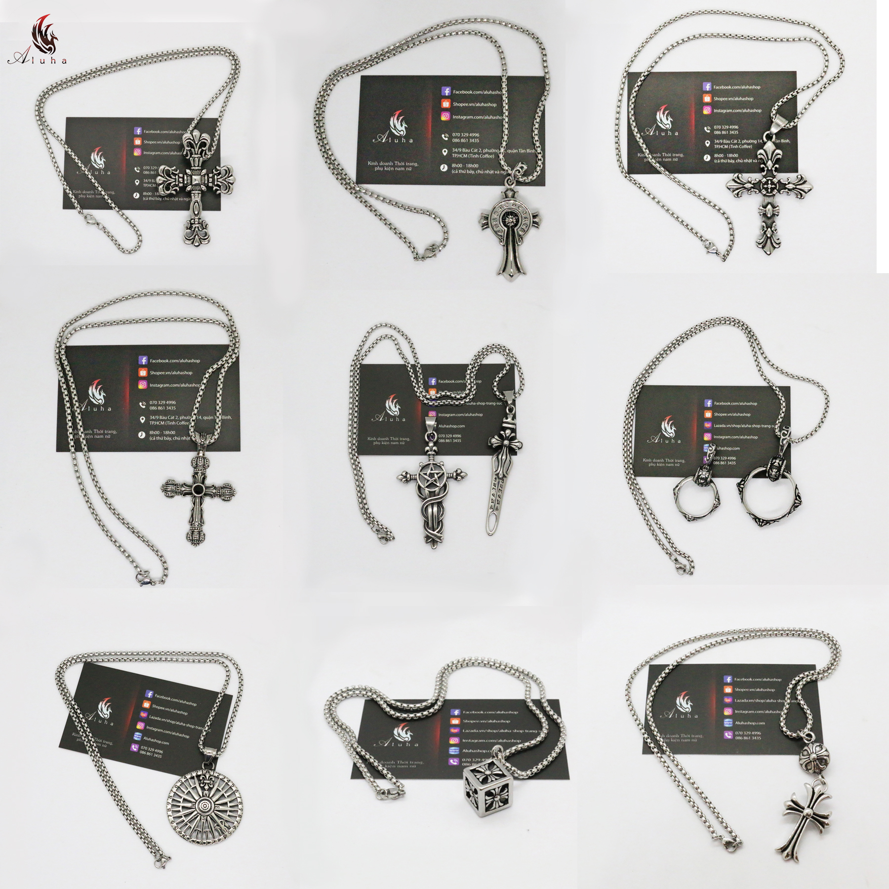 Bộ 7 mẫu dây chuyền Titan Chrome Heart bản đẹp không rỉ, họa tiết cực sắc nét, tặng kèm hộp cứng - NecklaceCH - Aluha