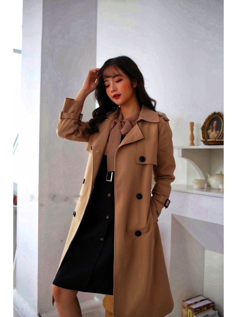 Áo măng tô nữ dáng dài 8 cúc chất liệu kaki có đai buộc - áo trench coat dáng dài 115