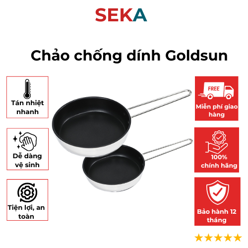 Chảo chống dính bếp từ 3 lớp, Chảo inox chống dính Goldsun GPA1401-16IH-20IH, tay cầm gọn nhẹ, hàng chính hãng
