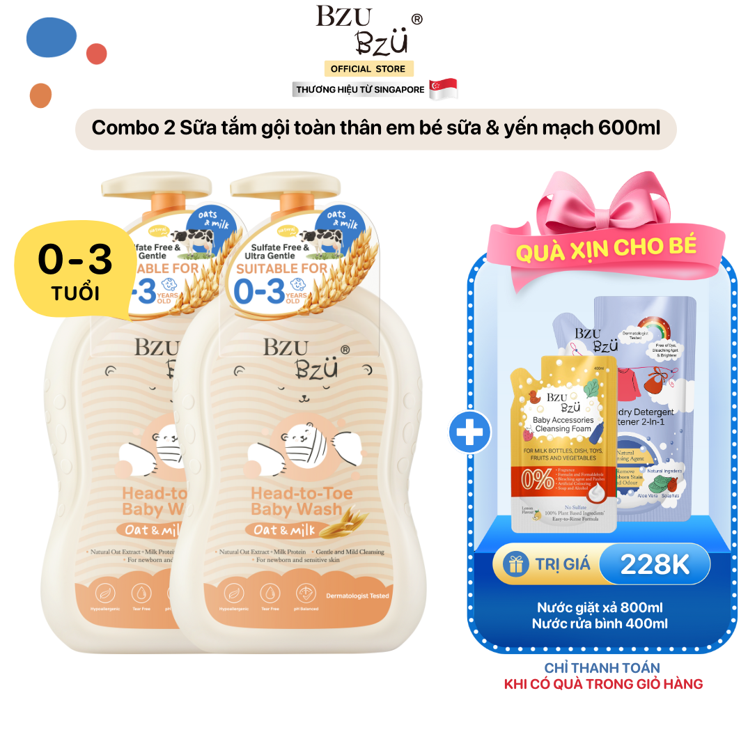 Combo 2 Chai Sữa Tắm Gội Toàn Thân Em Bé Sữa & Yến Mạch BZU BZU Baby Head to Toe Wash Oat & Milk Làm Sạch Dịu Nhẹ 600ml