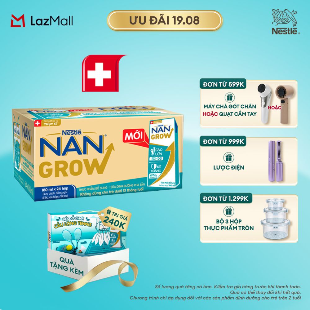 [CHỈ 19.08 QT ĐƠN 599K/999K/1299K][Tặng Đồ chơi cầu lông] Thùng 24 hộp Sữa bột pha sẵn Nestlé NANGROW 180ml cho bé trên 1 tuổi - Sữa nước vị nhạt thanh