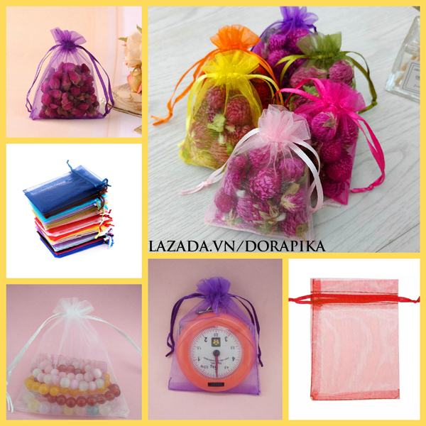Set 50 túi voan lưới có dây rút satin kích thước 9x12cm nhiều màu