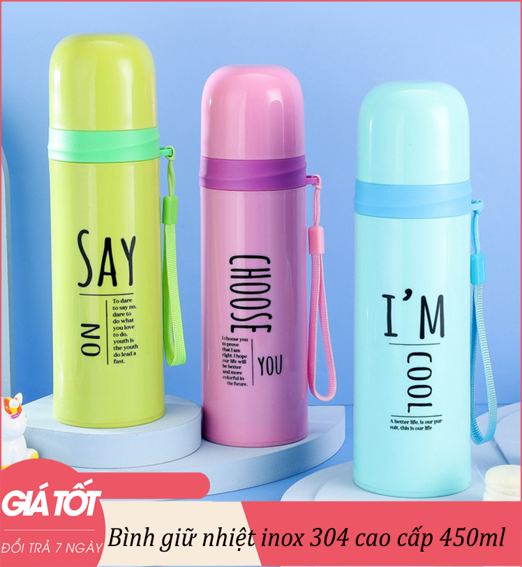 Bình giữ nhiệt cute học sinh dung tích 450ml , Binh giu nhiet inox 304 cao cấp , Binh nuoc giu nhiet đi học đi làm nhiều màu Vegabuy