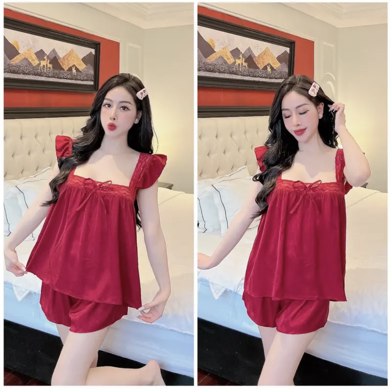 Free SIZE 45-58kg SET BỘ CỔ VUÔNG PHI BÓNG PHỐI REN MỀM MỊN SEXY