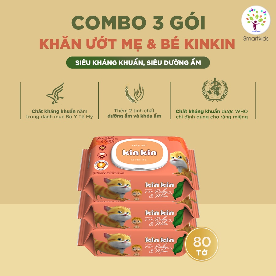 Combo 3 gói khăn ướt kin kin 80 tờ không mùi có nắp sản phẩm mới mamamy