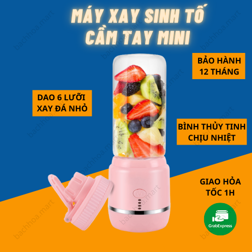 Máy Xay Sinh Tố Mini Cầm Tay Thủy Tinh Chịu Nhiệt 6 Lưỡi Inox SUS304