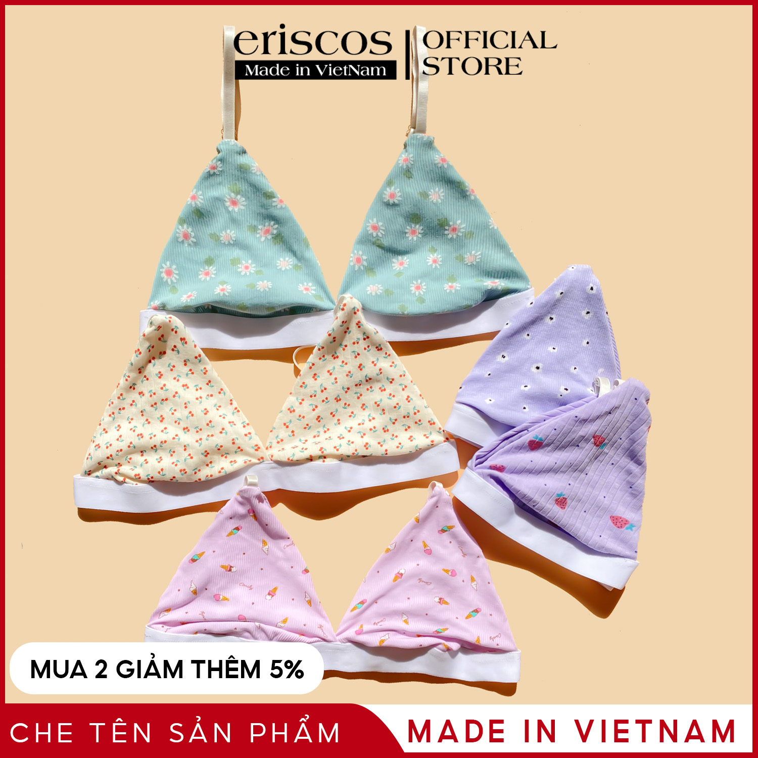 Áo lót bralette cotton không gọng mút mỏng tháo rời mát mẻ thoáng khí mùa hè Eriscos