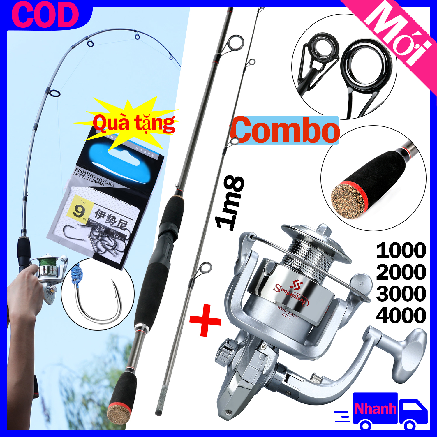 Combo cần câu lure ,máy cần câu 1M8 ,máy câu cá 1000-4000,bộ cần câu máy Gửi móc miễn phí combo cần câu máy