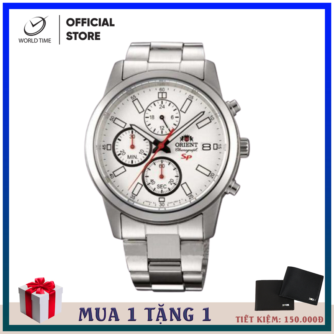 Đồng hồ nam dây thép chính hãng Orient FKU00003W0 chonograph full box, sổ bảo hành toàn quốc 3 năm, chống nước, chống xước