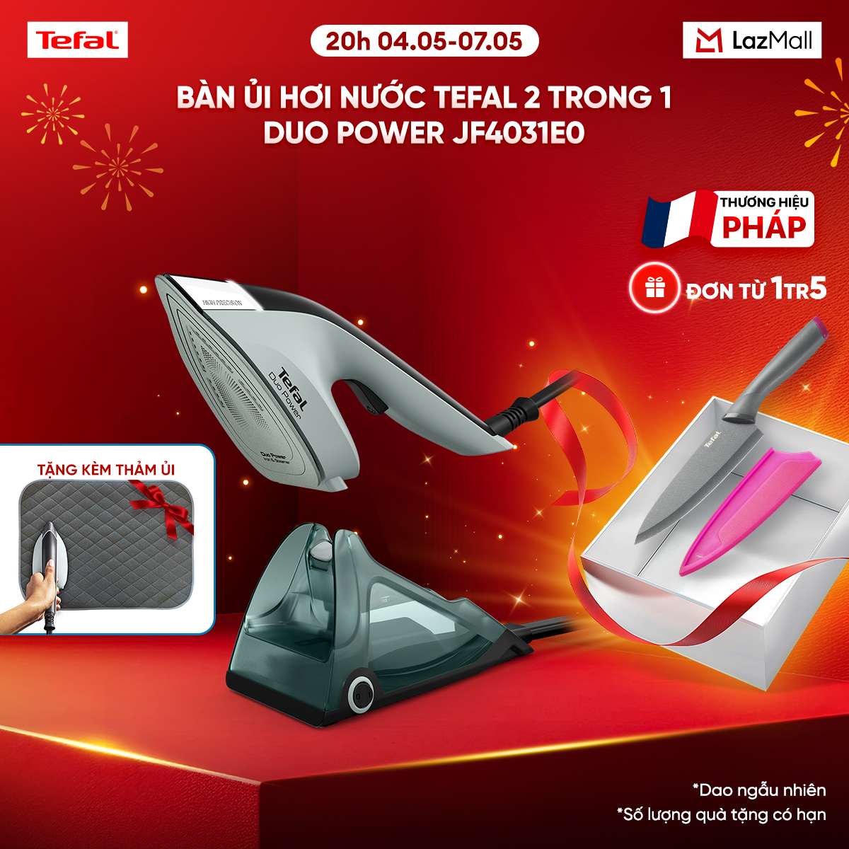 [Tặng kèm thảm ủi] Bàn ủi hơi nước Tefal 2 trong 1 Duo Power JF4031E0 - Kết hợp ủi hơi và cầm tay